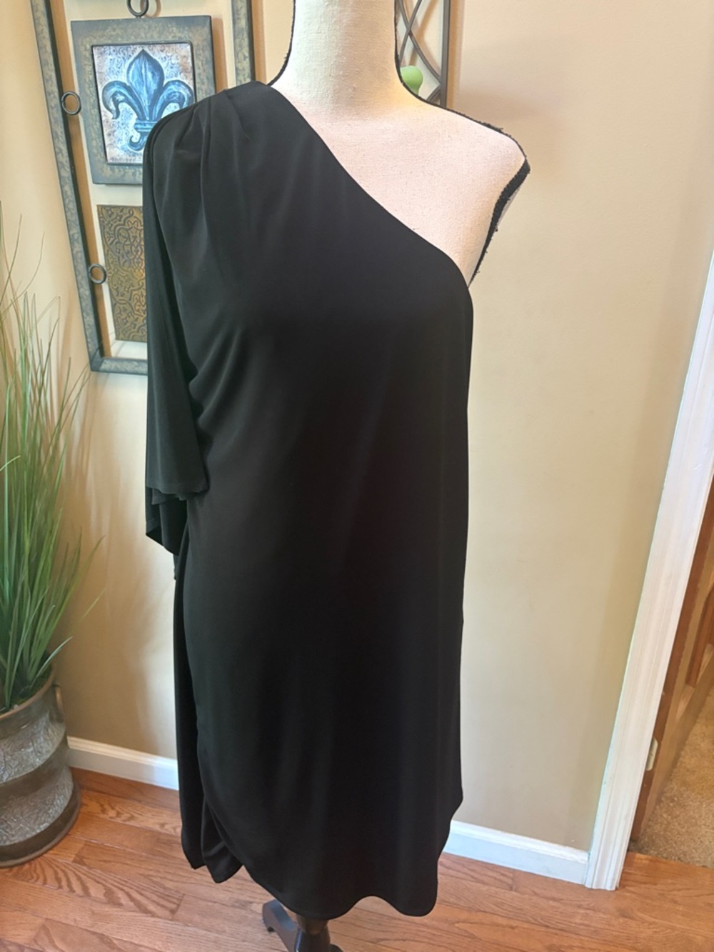Calvin Klein One-Shoulder Black Draped Sleeve Dress